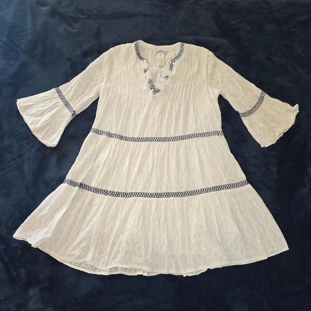 Tommy Bahama White Cotton Embroidered Tiered Tunic Dress Small